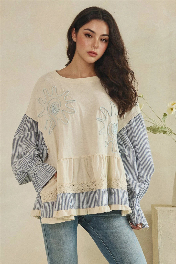 MIXED FABRIC TIERED TUNIC LONG SLEEVE TOP