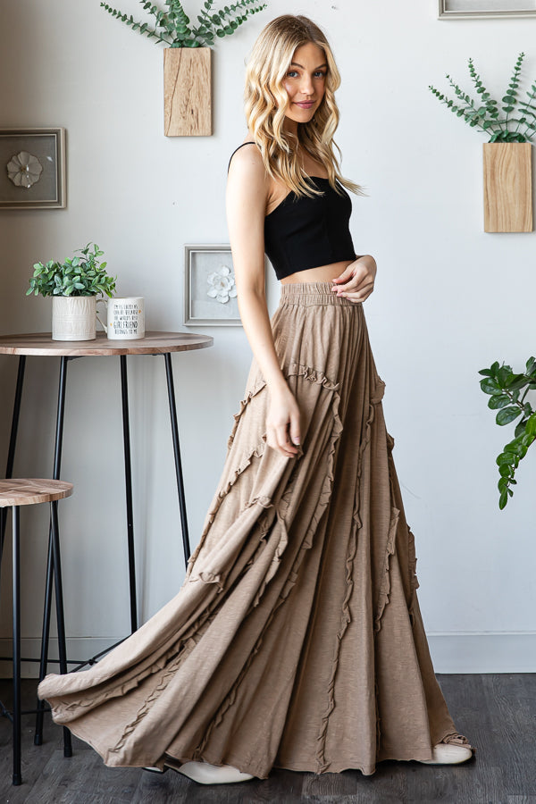 RUFFLE DETAIL WIDE LEG FLARE PANTS-MOCHA