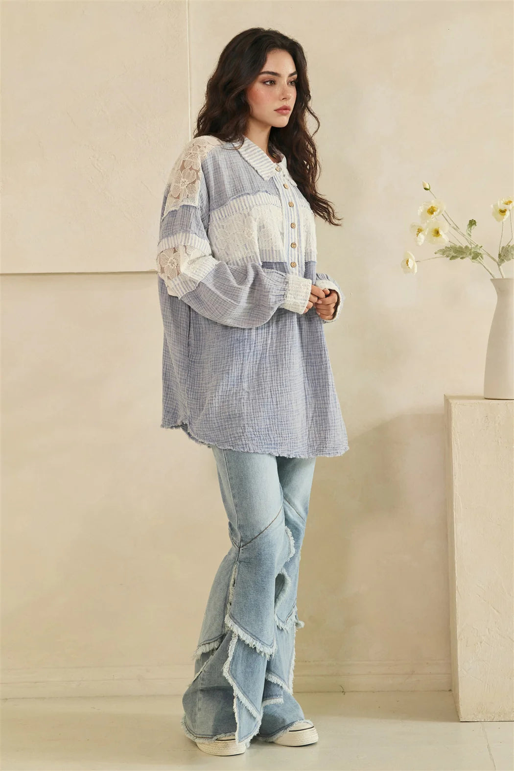 WASHED FABRIC MIX LONG SLEEVE TOP