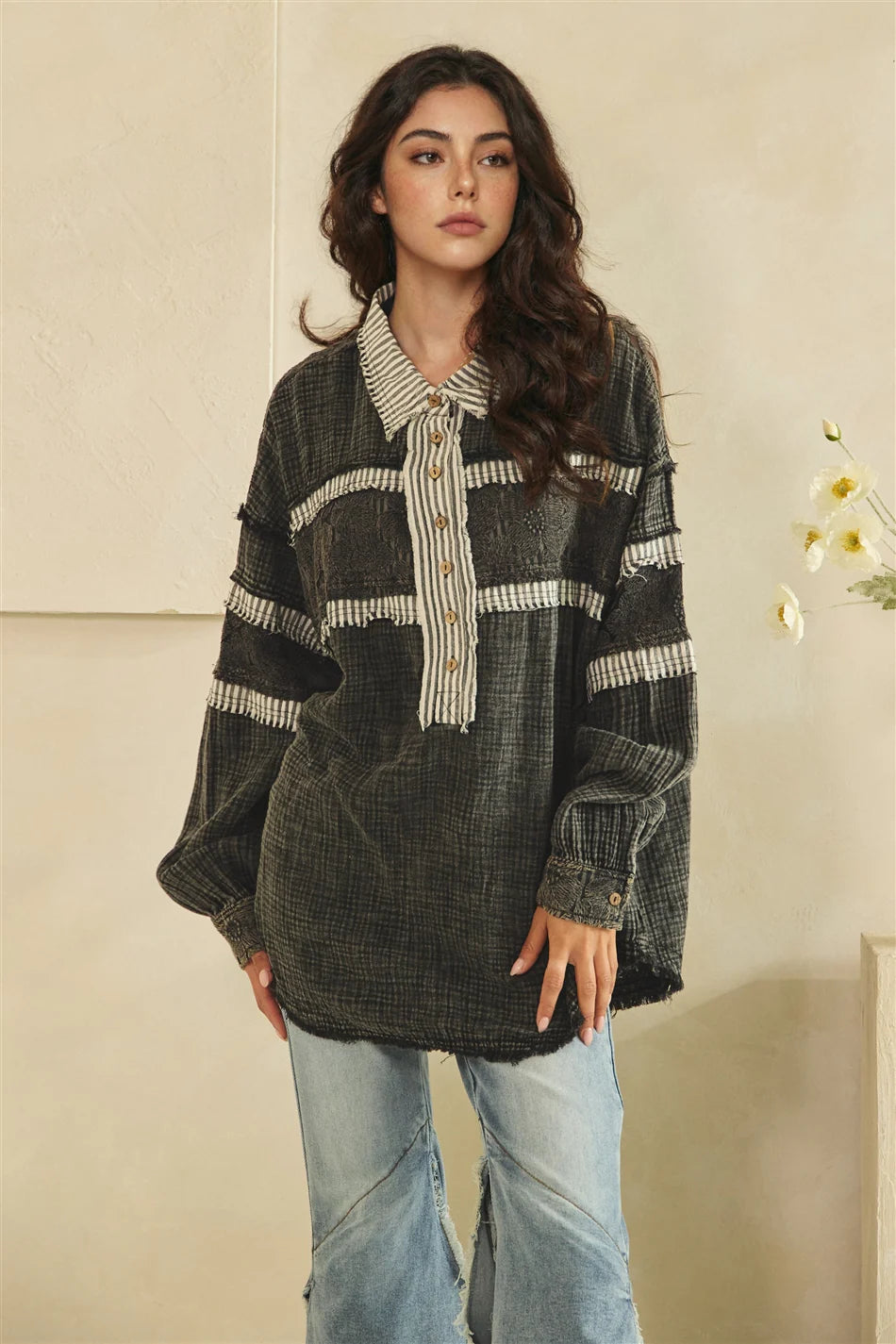 WASHED FABRIC MIX LONG SLEEVE TOP