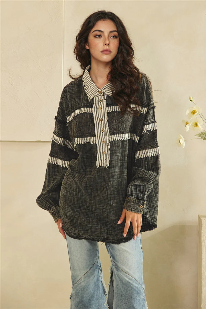 WASHED FABRIC MIX LONG SLEEVE TOP