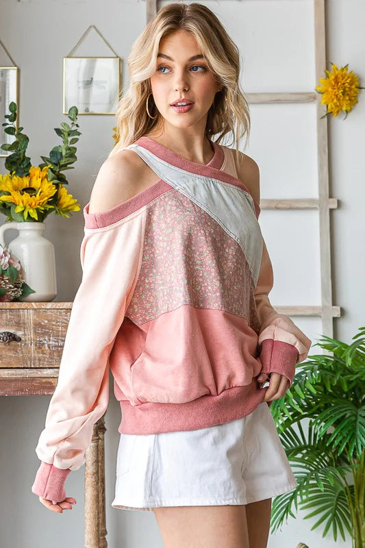 WASHED MIX MEDIA CUTOUT SHOULDER PULLOVER TOP-PINK