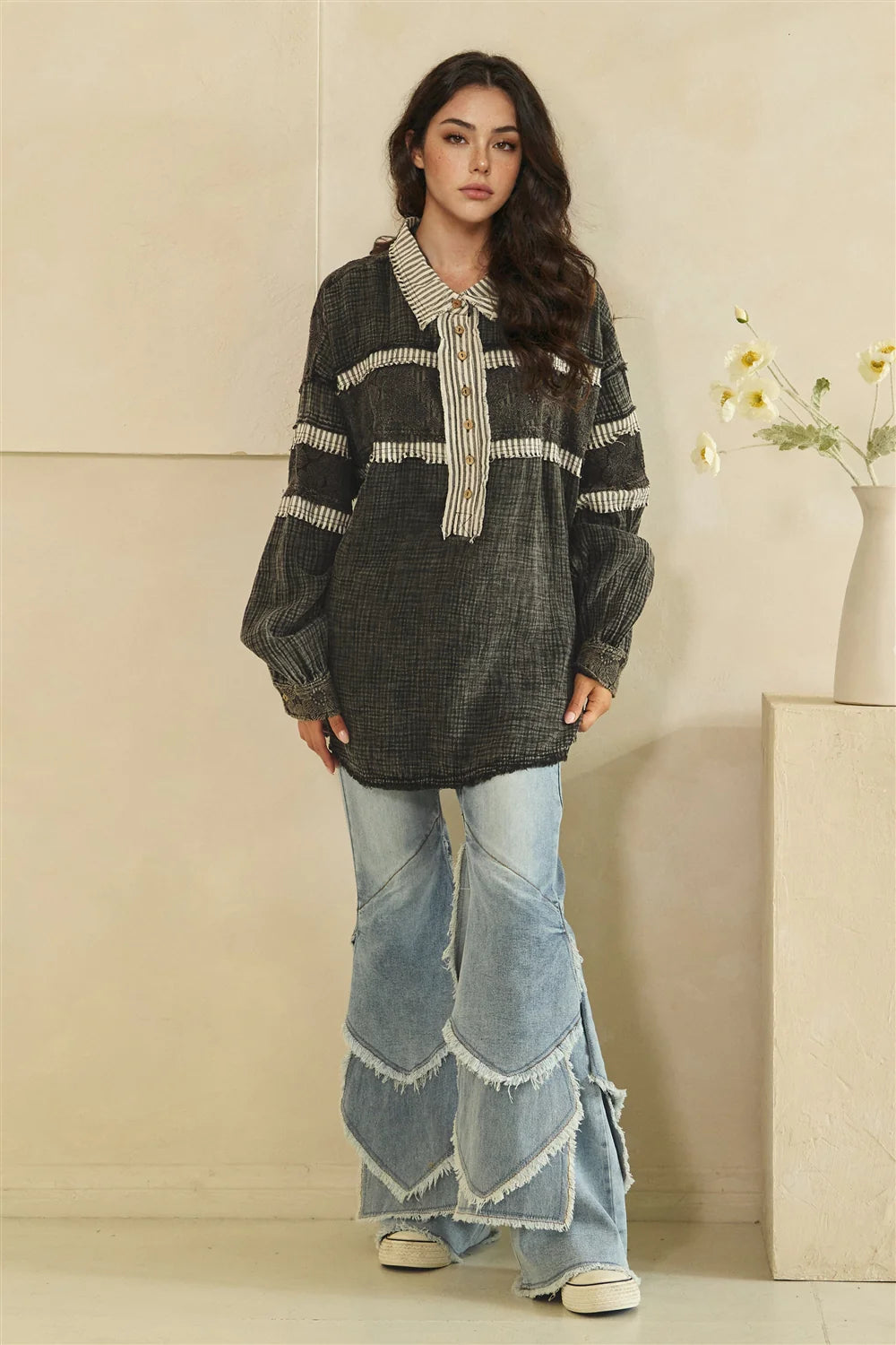 WASHED FABRIC MIX LONG SLEEVE TOP