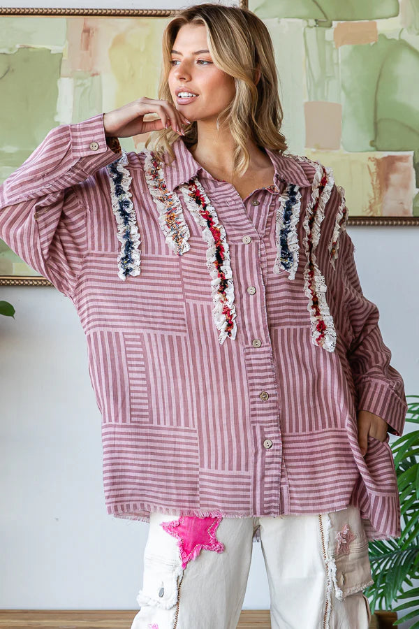 RUFFLE CONTRAST DETAIL STRIPED BUTTON DOWN SHIRT