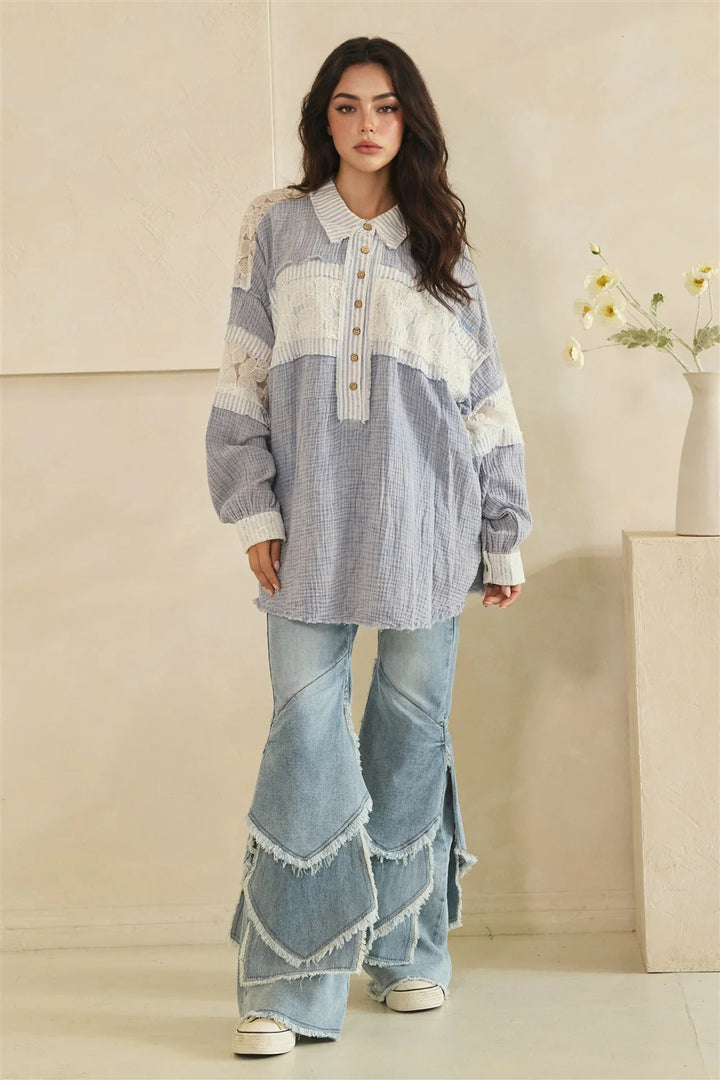WASHED FABRIC MIX LONG SLEEVE TOP