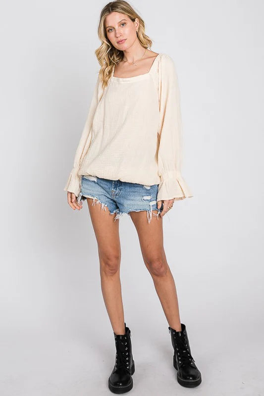 WASHED FLARE CUFFS OPEN BACK DETAIL GAUZE BLOUSE- CREAM