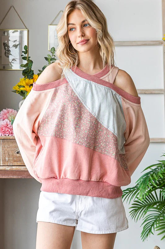WASHED MIX MEDIA CUTOUT SHOULDER PULLOVER TOP-PINK