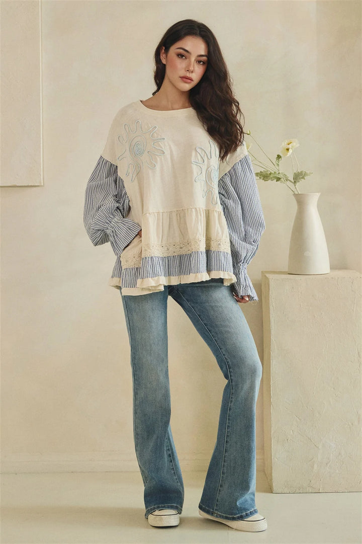 MIXED FABRIC TIERED TUNIC LONG SLEEVE TOP