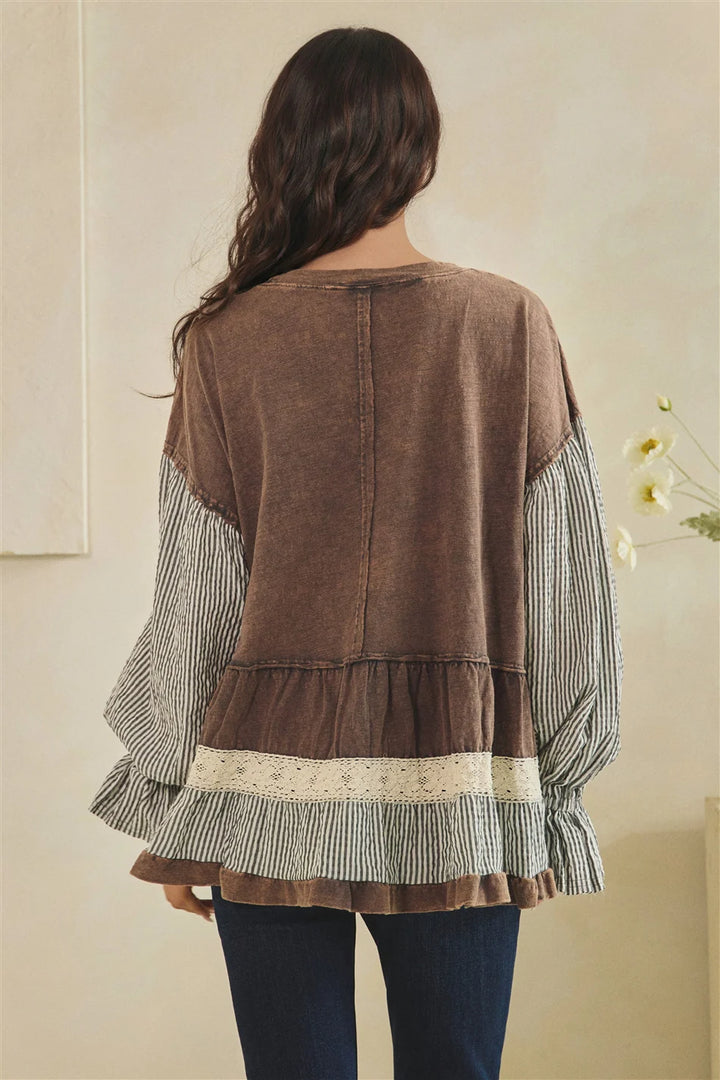 MIXED FABRIC TIERED TUNIC LONG SLEEVE TOP