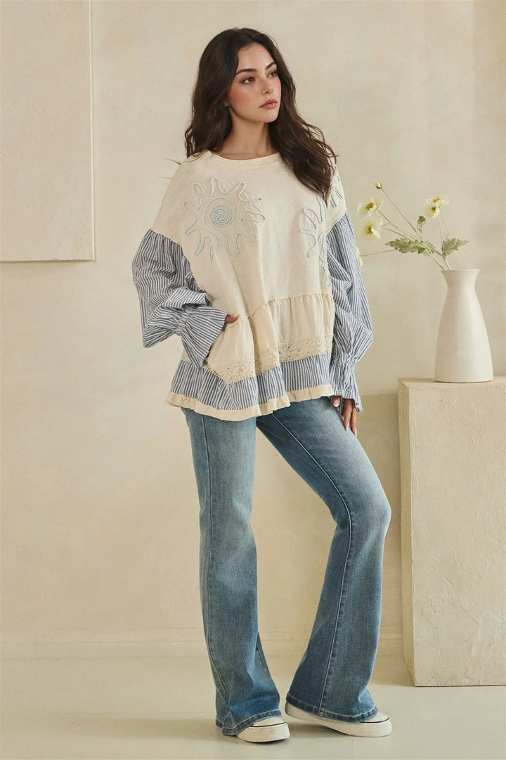 MIXED FABRIC TIERED TUNIC LONG SLEEVE TOP