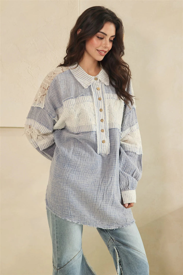 WASHED FABRIC MIX LONG SLEEVE TOP