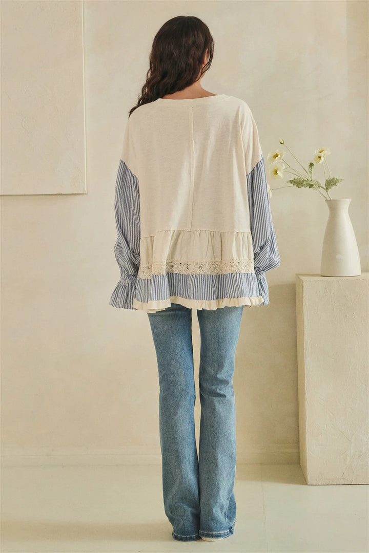 MIXED FABRIC TIERED TUNIC LONG SLEEVE TOP