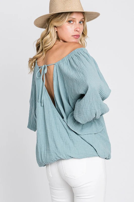 WASHED FLARE CUFFS OPEN BACK DETAIL GAUZE BLOUSE-SKY BLUE