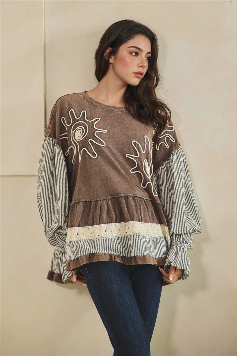 MIXED FABRIC TIERED TUNIC LONG SLEEVE TOP