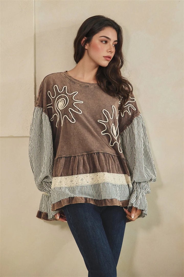 MIXED FABRIC TIERED TUNIC LONG SLEEVE TOP