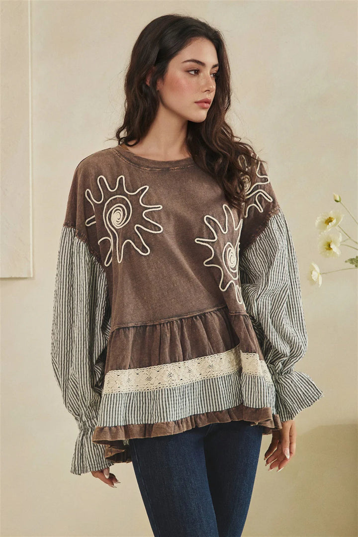 MIXED FABRIC TIERED TUNIC LONG SLEEVE TOP