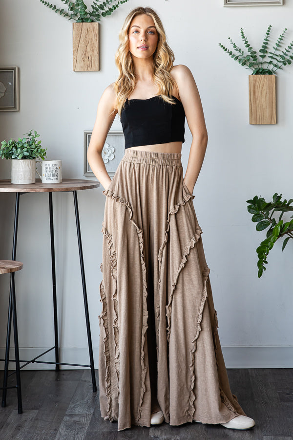 RUFFLE DETAIL WIDE LEG FLARE PANTS-MOCHA