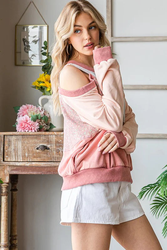 WASHED MIX MEDIA CUTOUT SHOULDER PULLOVER TOP-PINK